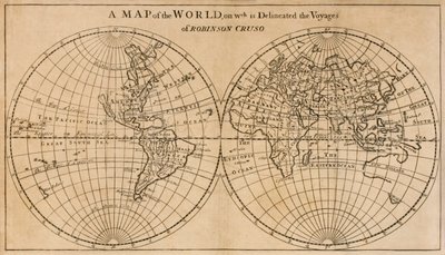 Map of the World showing the Voyage of Robinson Crusoe, frontispiece foldout map from The Farther Adventures of Robinson Crusoe by English School